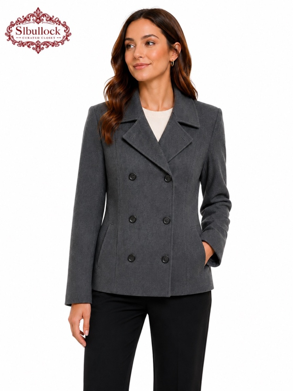 B5 Jones New York 96% Wool Double Breasted Blazer Jacket Size 14 Gray Career